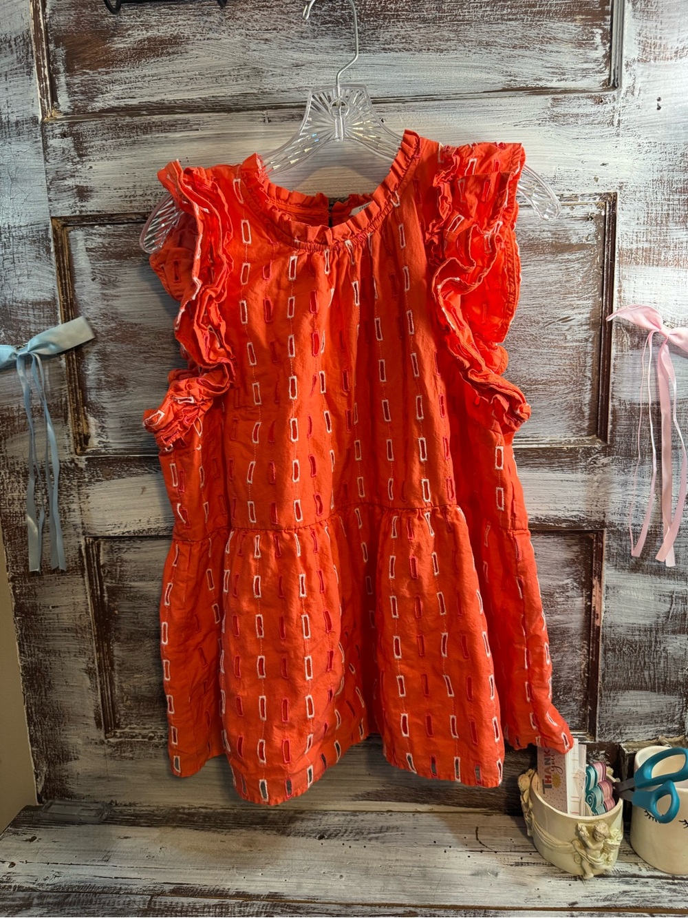 crown & ivy Orange Ruffle Sleeve Eyelet Tunic